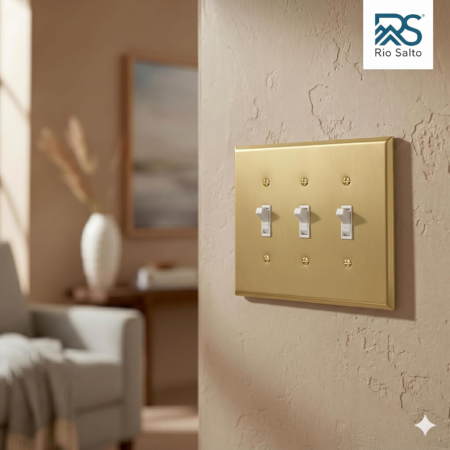 Rio Salto BRASS Brushed Brass Gold Metal Triple Toggle Switch Plate Flip Switch Outlet Covers Light Switch Cover Wall