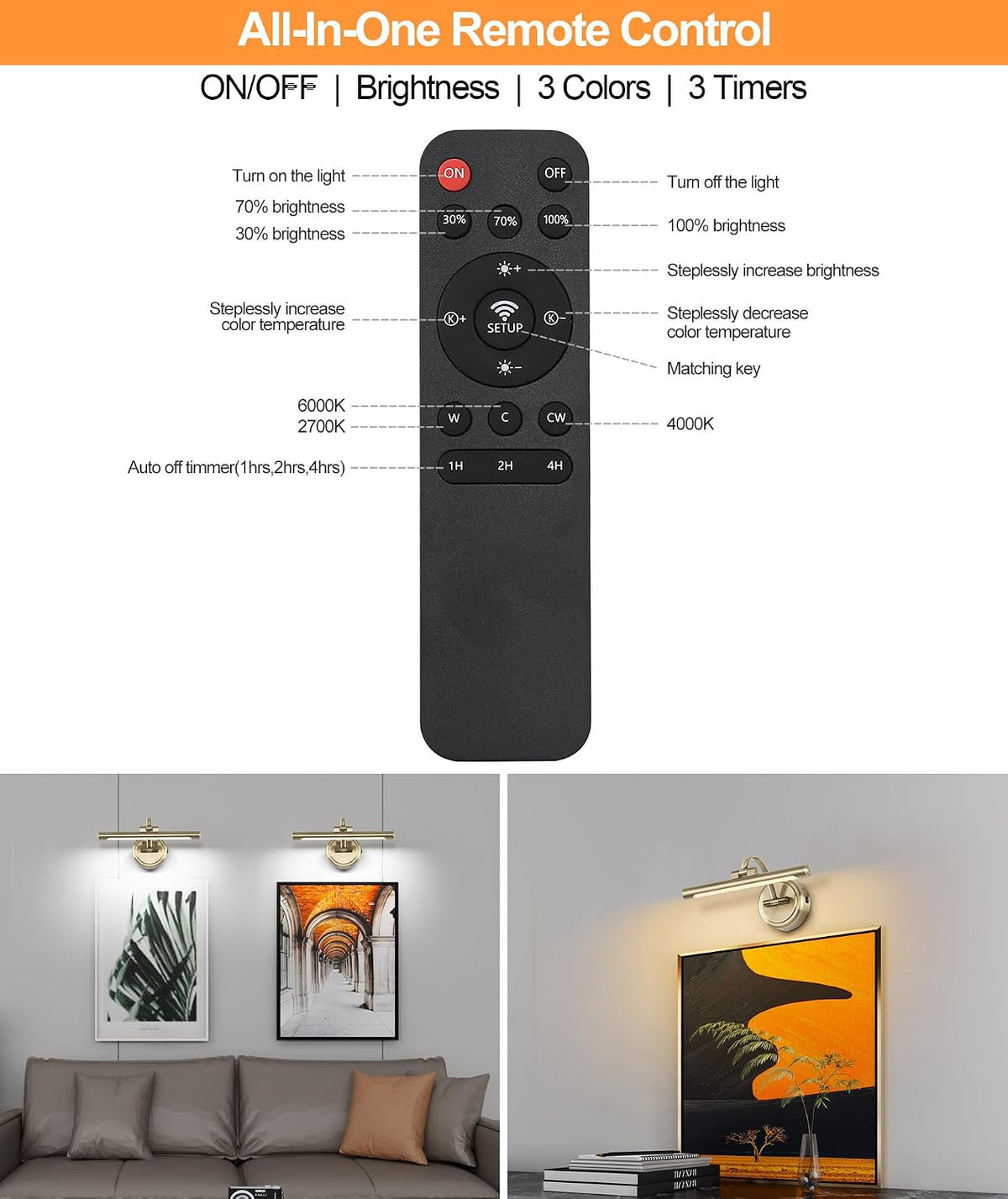 Picture Light for Wall,Battery Operated Art Lights for Painting,3 Color and Brightness, Adjustable Wireless Portrait