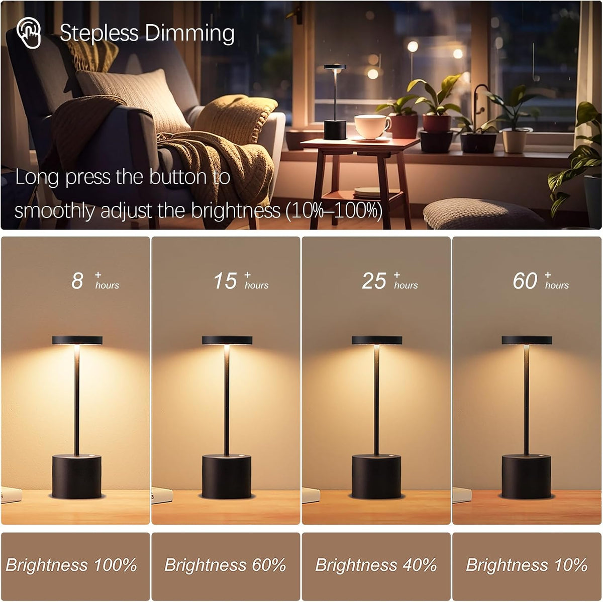 2-Pack Cordless Rechargeable LED Table Lamp (Matte Black) | 5000mAh Battery, 3-Color Stepless Dimming, IP54 Waterproof