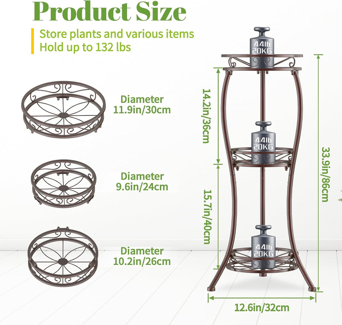 iDavosic.ly 3 Tier Metal Plant Stand Outdoor Indoor, 34 Inch Tall, Bronze | Corner Flower Pot Holder Shelf, Wrought