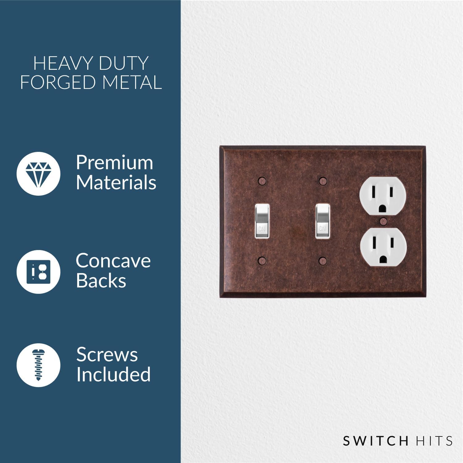 Mottled Antique Copper Outlet Wall Plate | 2 Toggle - 1 Duplex | 6.25" x 4.5" | Hand-Polished Brass Construction