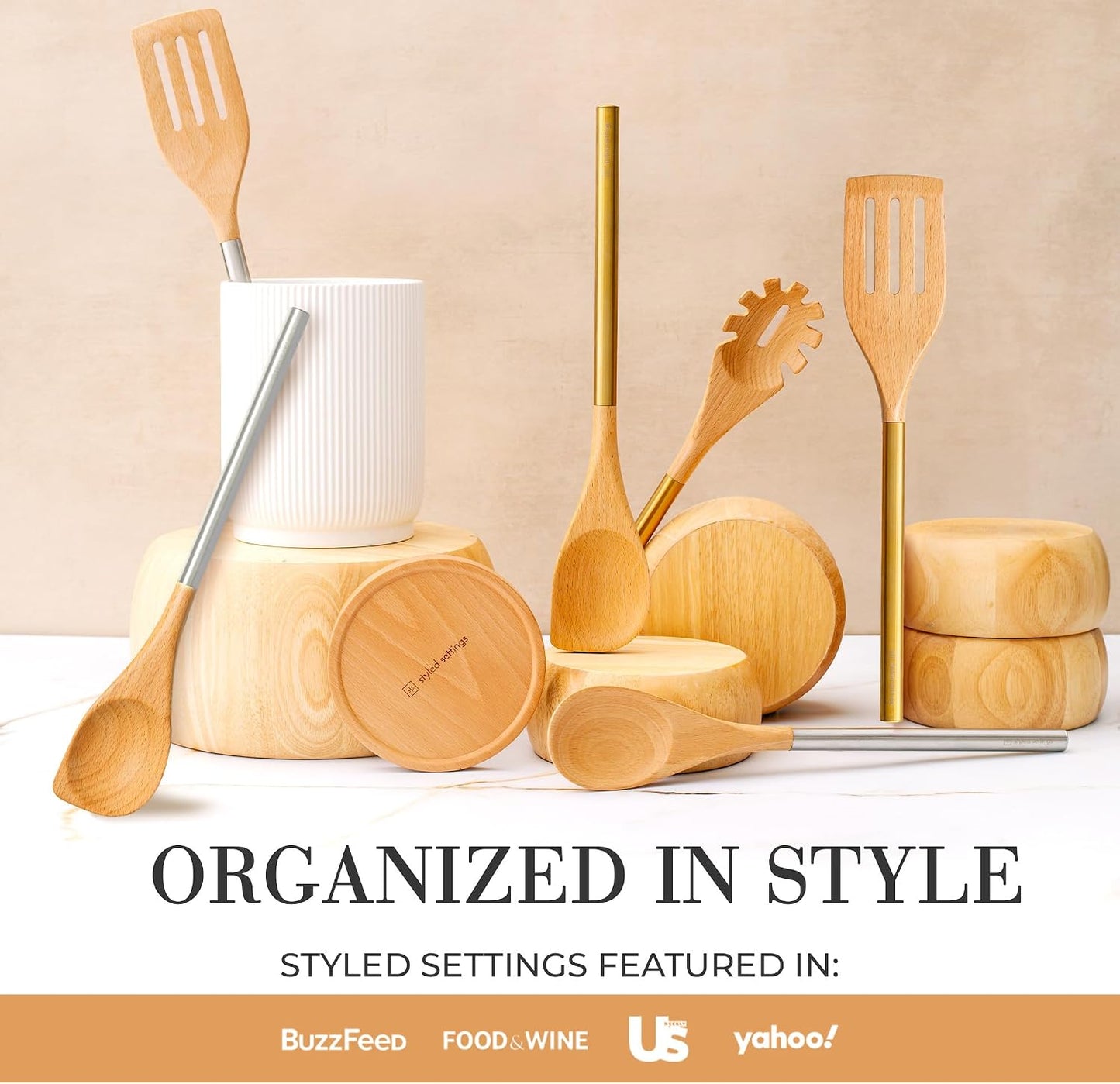 STYLED SETTINGS White Ceramic Utensil Holder with Built-In Wooden Spoon | 2 Piece Set for Kitchen Countertop