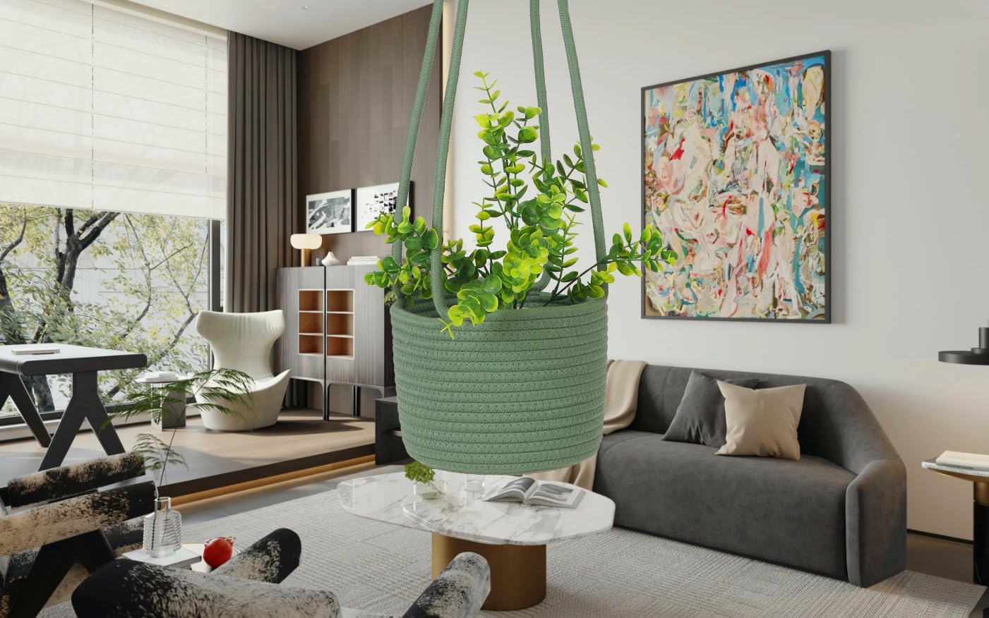 Hanging Planter Basket Jute Rope Woven Plant Hangers Indoor Hanging Plant Holder Up to 7 / Green
