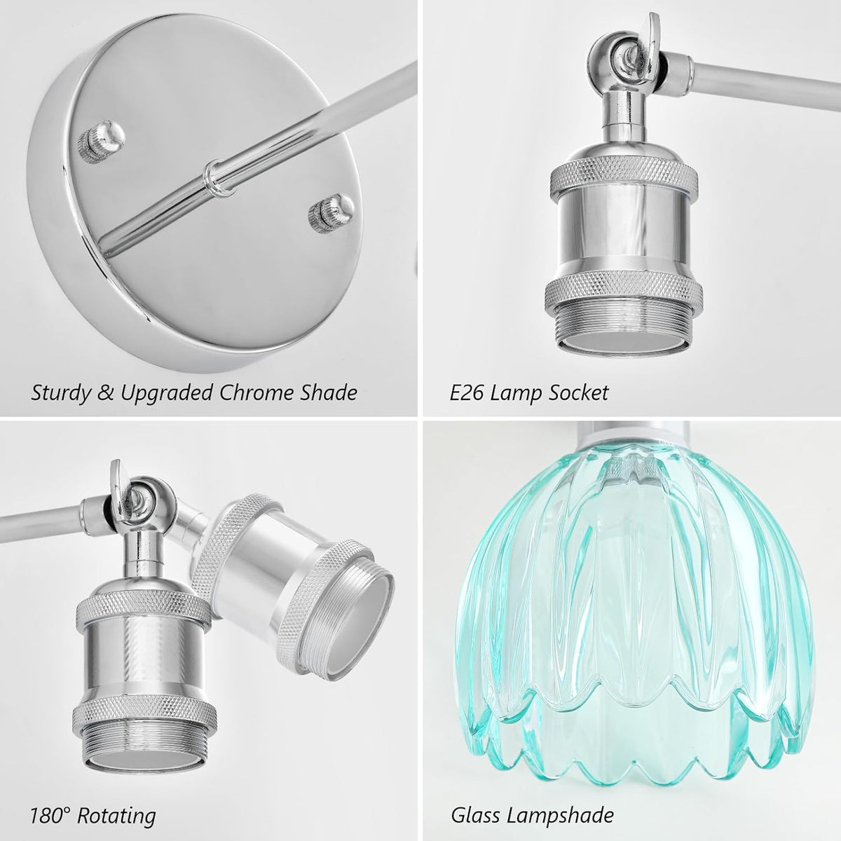 Vintage Battery Operated Wall Sconce, Sky Blue Tulip Glass Lampshade Wireless Rechargeable Battery Powered LED Wall