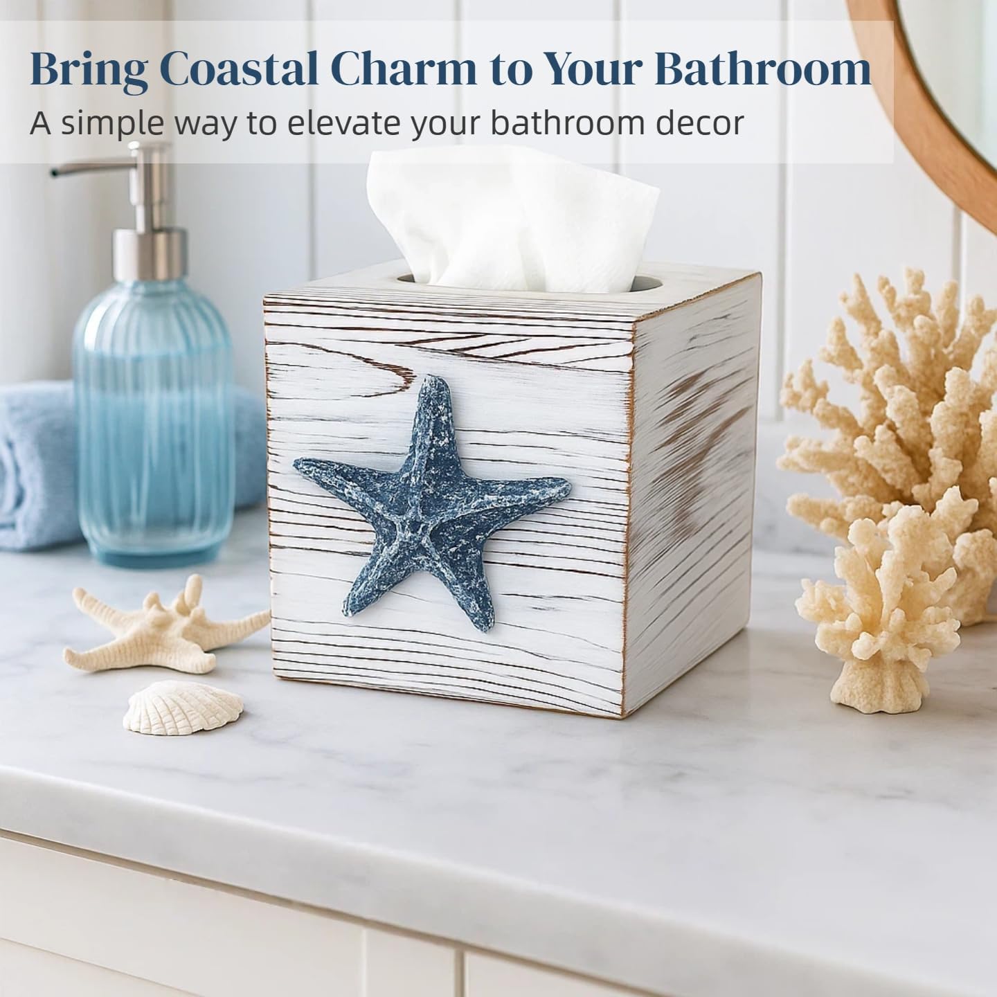 Coastal Tissue Box Cover Wooden Retro / Starfish