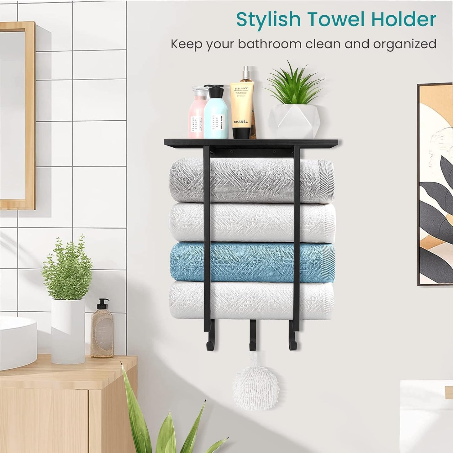 ELITEROO Towel Holder for Bathroom Wall, Wooden Towel Rack Shelf | Hanging Towel Organizer with 3 Hooks for Small