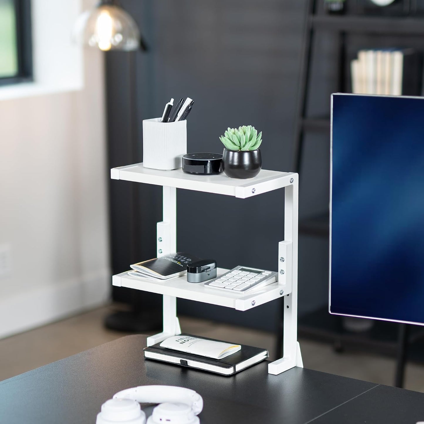VIVO White Clamp-on 13 inch 2-Tier Desk Shelf, STAND-SHELF2CW | Above or Below Desk, 2 Level Shelving Unit for Table