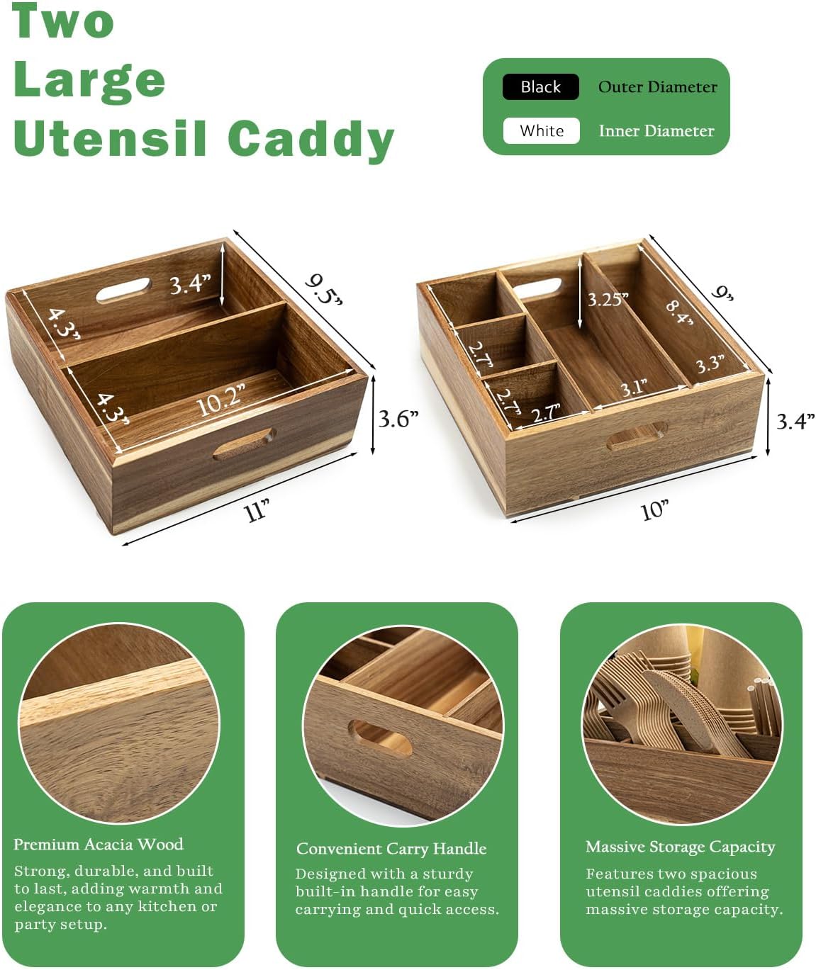 Acacia Wood Utensil Holder for Party -Nested Set of 2(Large 11" x 9.5" Plate Holder & Small 10" x 9" Utensil Caddy)