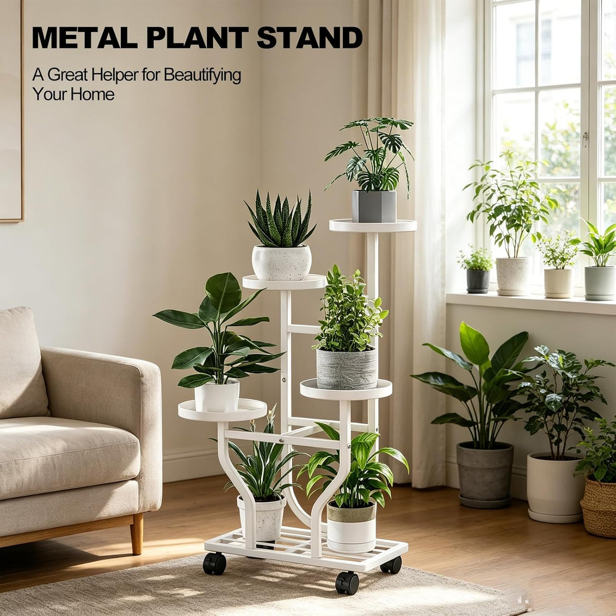 Plant Stand with Wheels, White 4 Tier Metal Plant Shelf for Indoor Outdoor | Corner Plants Stand Indoor for Bedroom