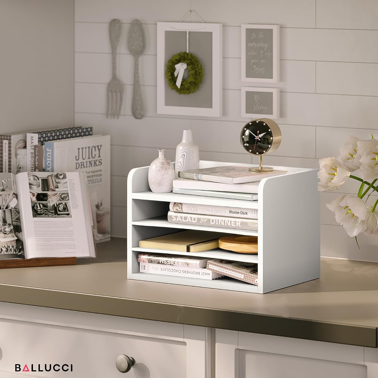 Ballucci File Organizer, 4-Tier Office Desk Organizer, Open Top Wood Paper Organizer for Classroom, Mail Sorter Paper