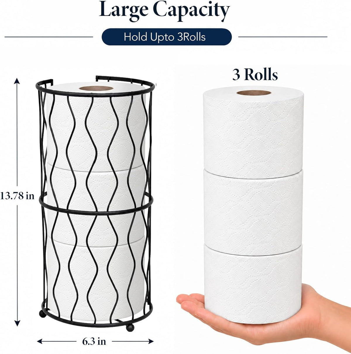 Modern Metal Freestanding Toilet Paper Roll Holder Stand and Dispenser with Storage for 3 Rolls of Reserve Toilet