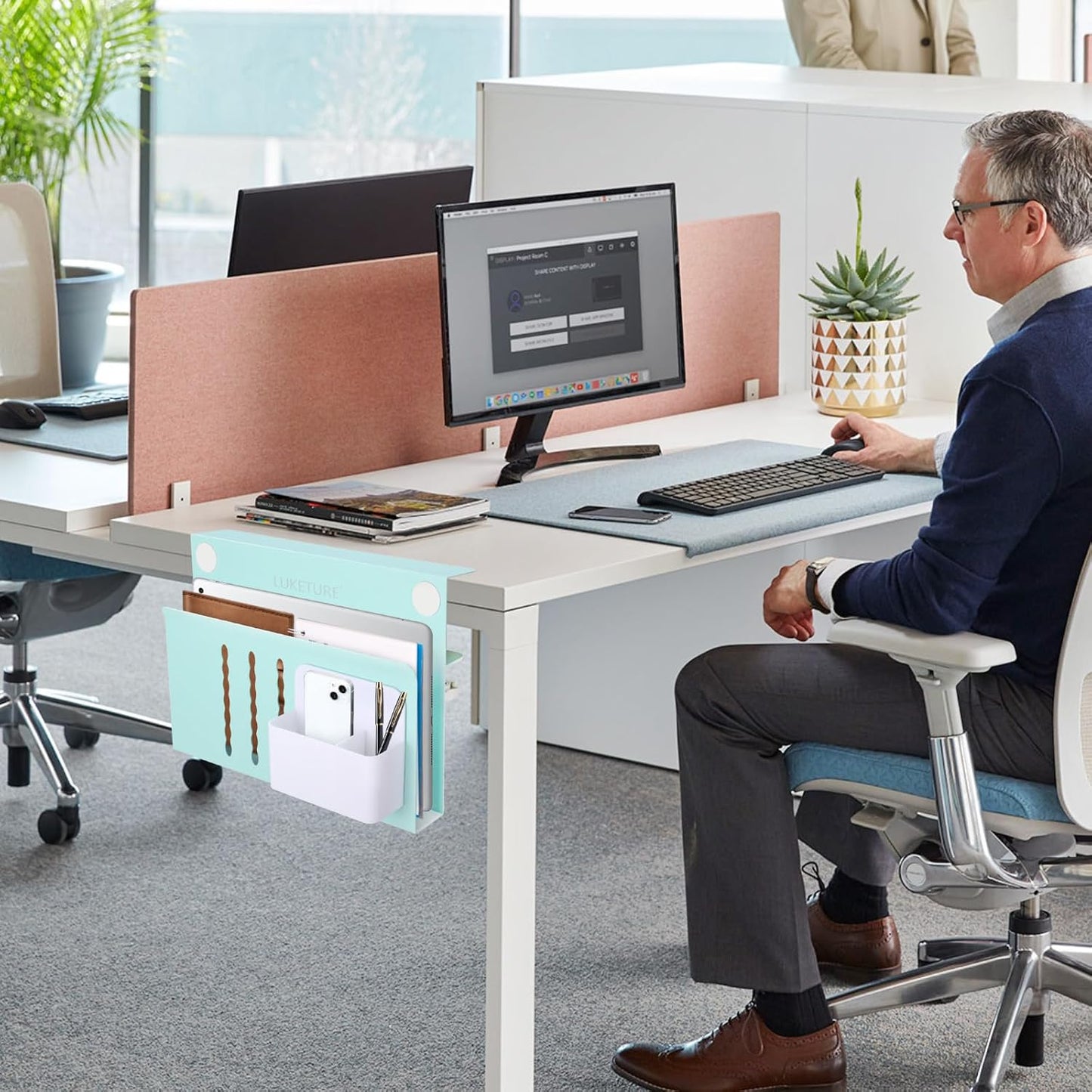 LUKETURE Desk Side Storage Laptop Holder No Drill Clamp On Organizer | Steel Side Desk Organizer, Clamp on Laptop Mount