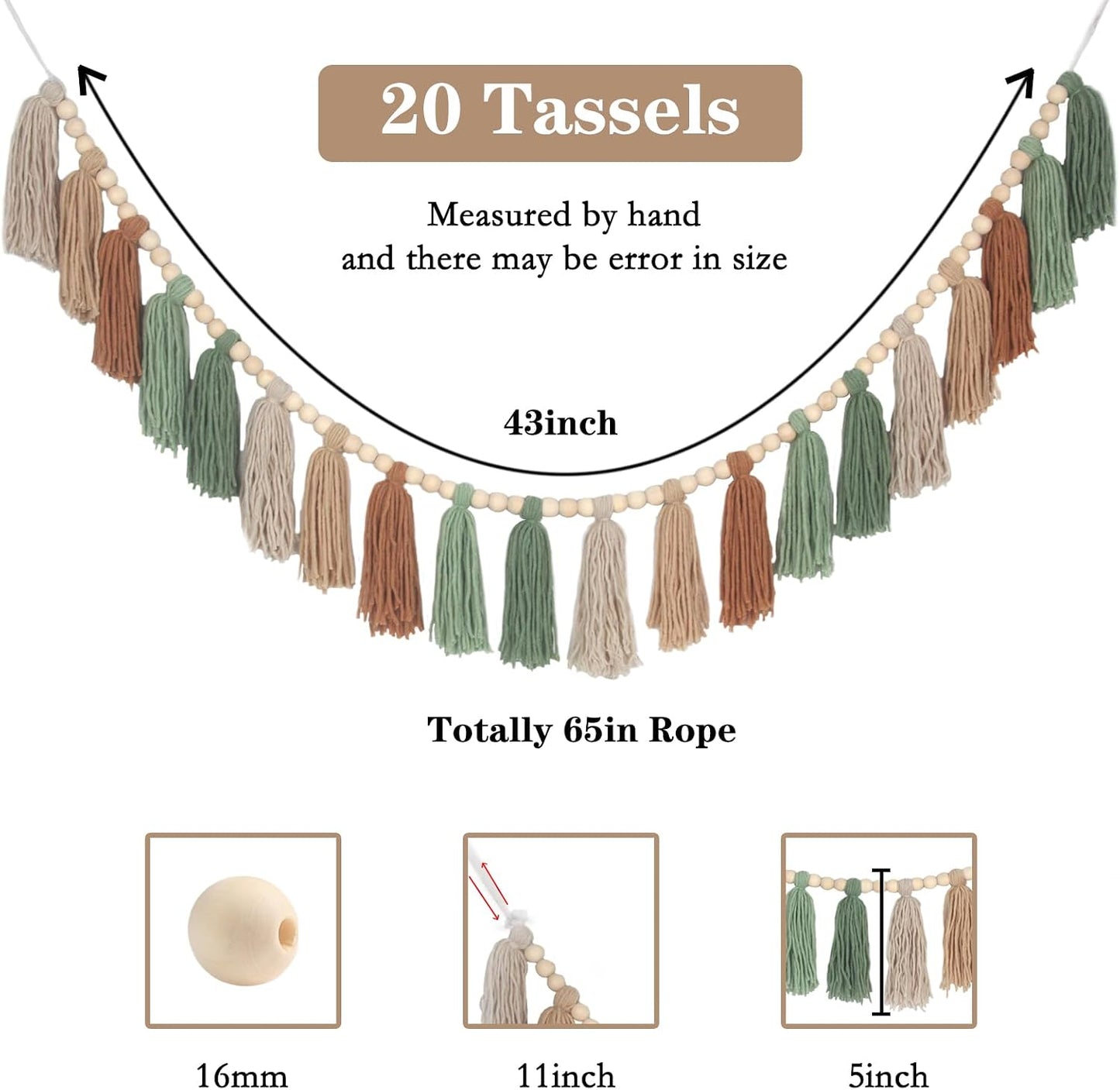 Sage Green Brown Boho Yarn Wood Bead Tassel Garland Wall Hanging Decor Neutral Earth / Green&brown