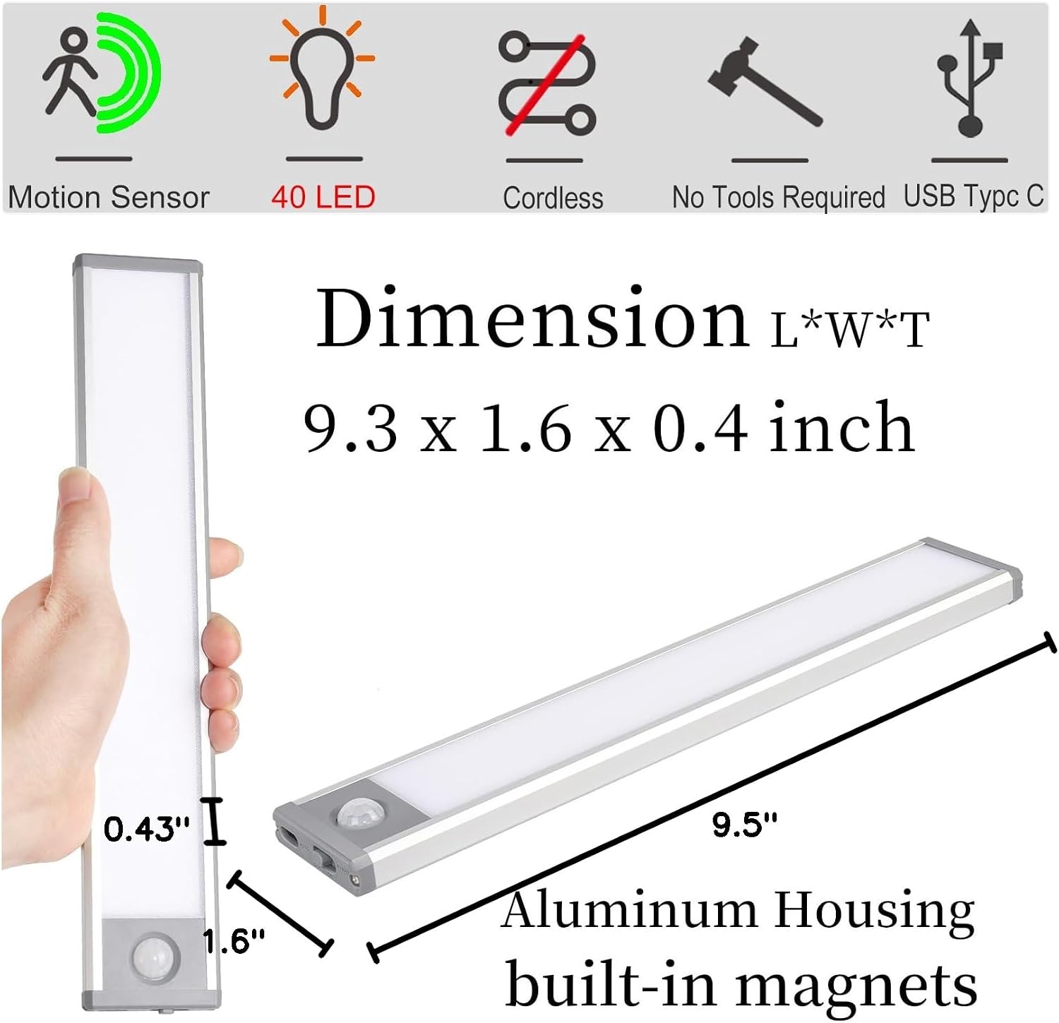 Rechargeable 2 Pack Bright 40LED Motion Sensor Activated Night Light for Closet, Kitchen Counter, Battery Operated