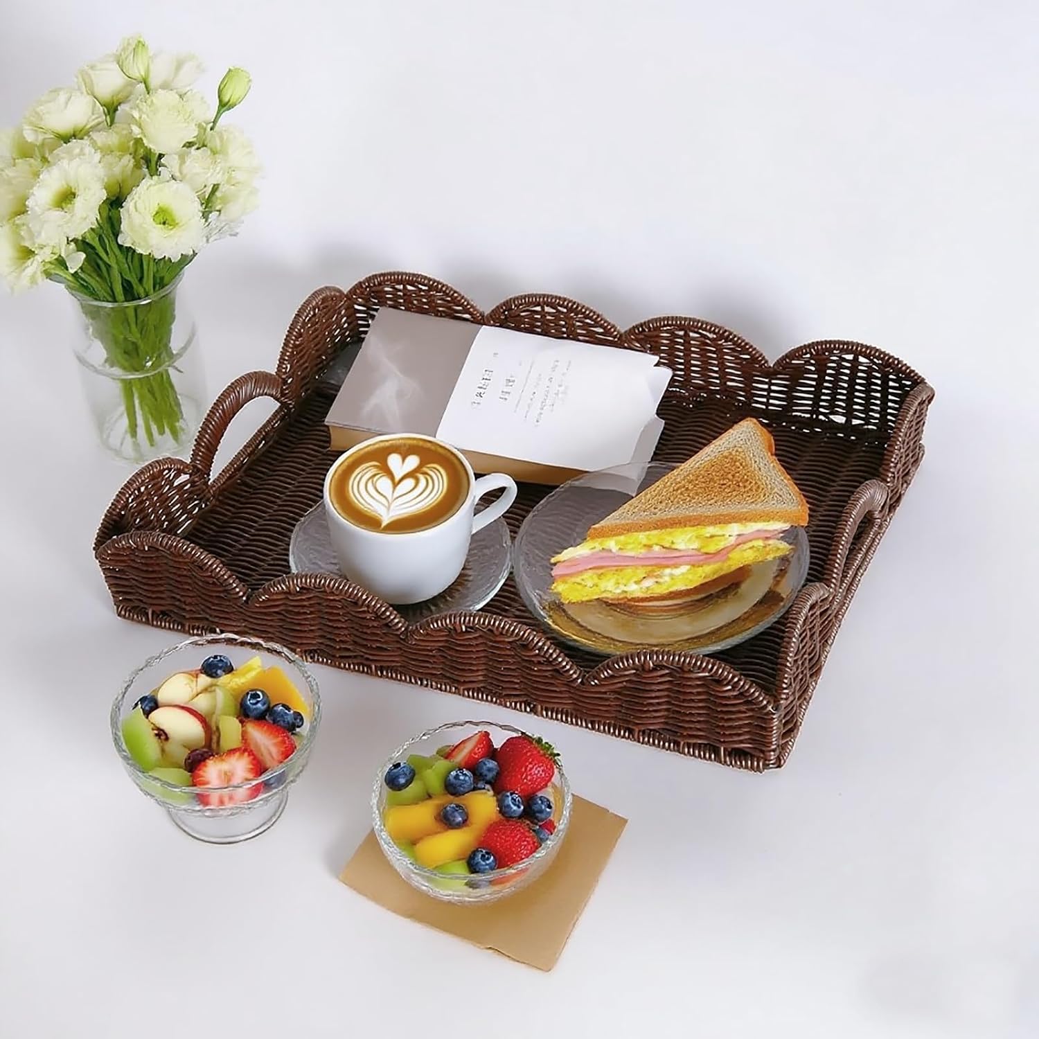 Scalloped Imitation Rattan Tray Basket / Brown&plastic-dark