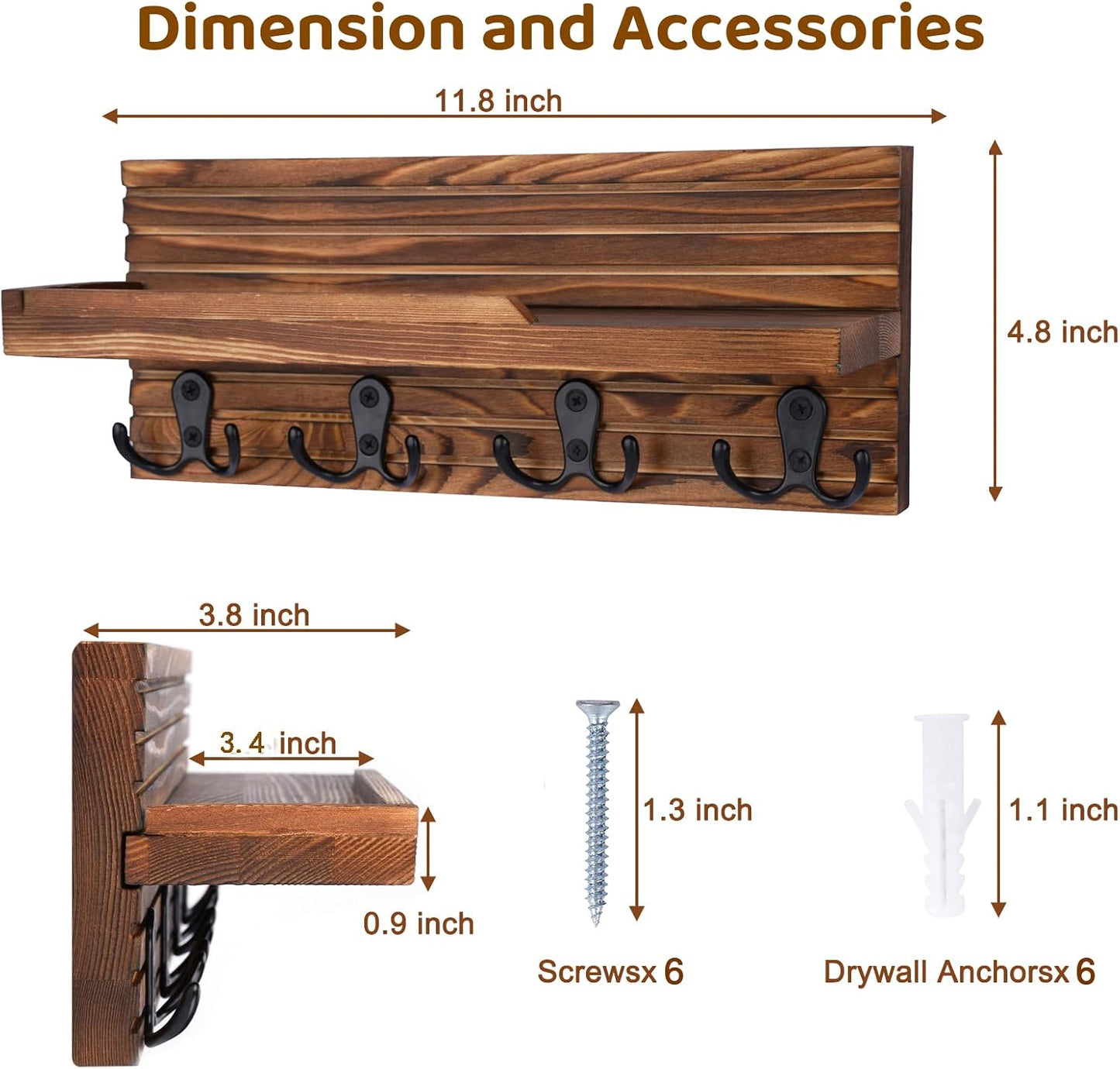 Easy Install Natural Wooden Key and Mail Holder / Brown