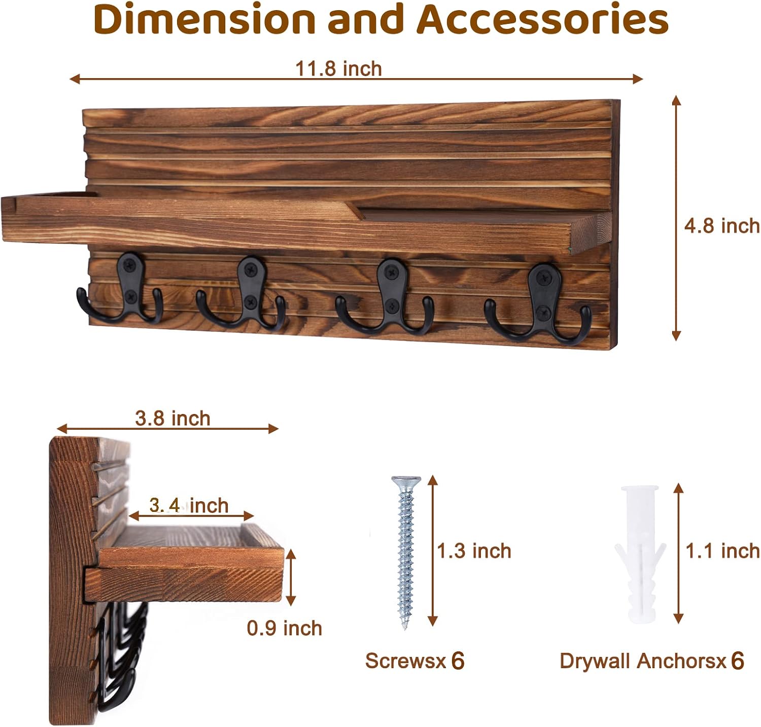 Easy Install Natural Wooden Key and Mail Holder / Brown