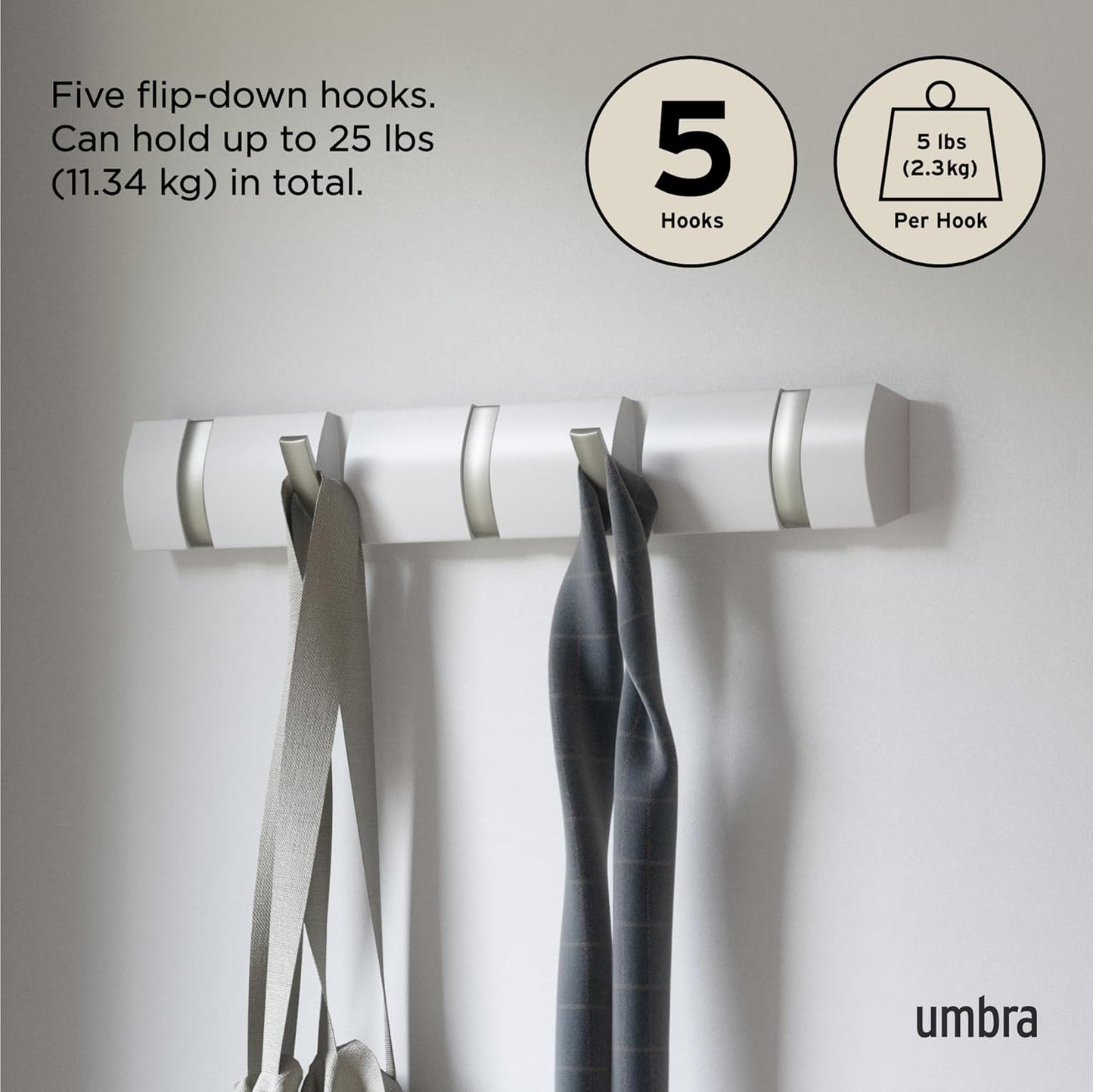 5 Hooks / Flip Wall-Mounted Coat Rack / White/nickel / 5-hook