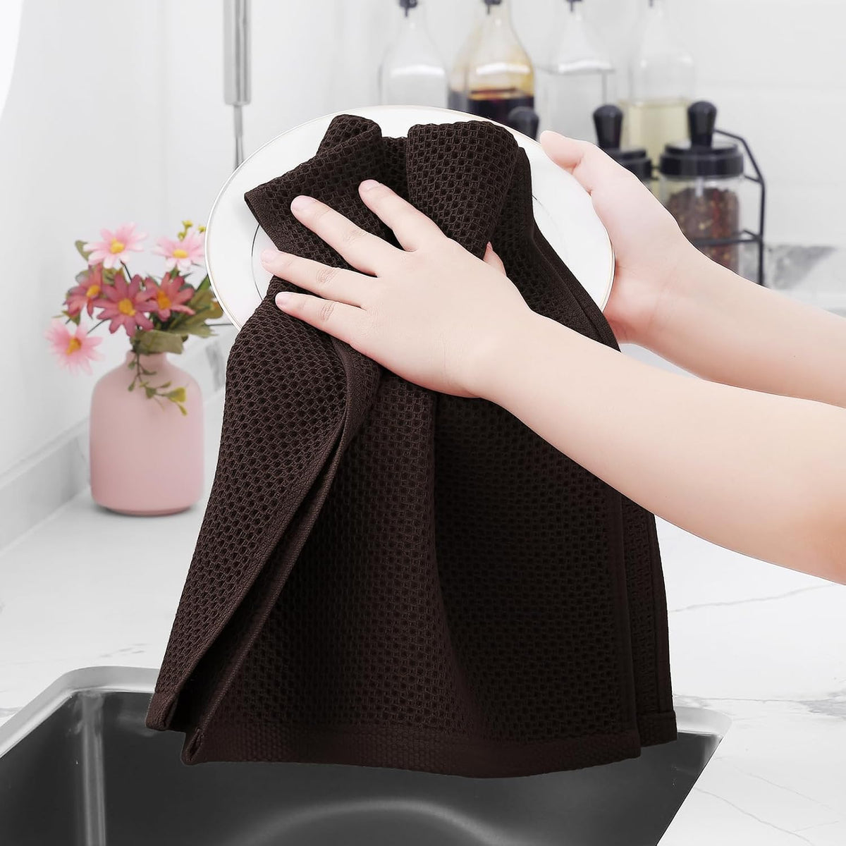 Homaxy 100% Cotton Waffle Weave Kitchen Dish Towels 24-Pack, Dark Brown | 13 x 28 Inches, Ultra Soft Absorbent Dish