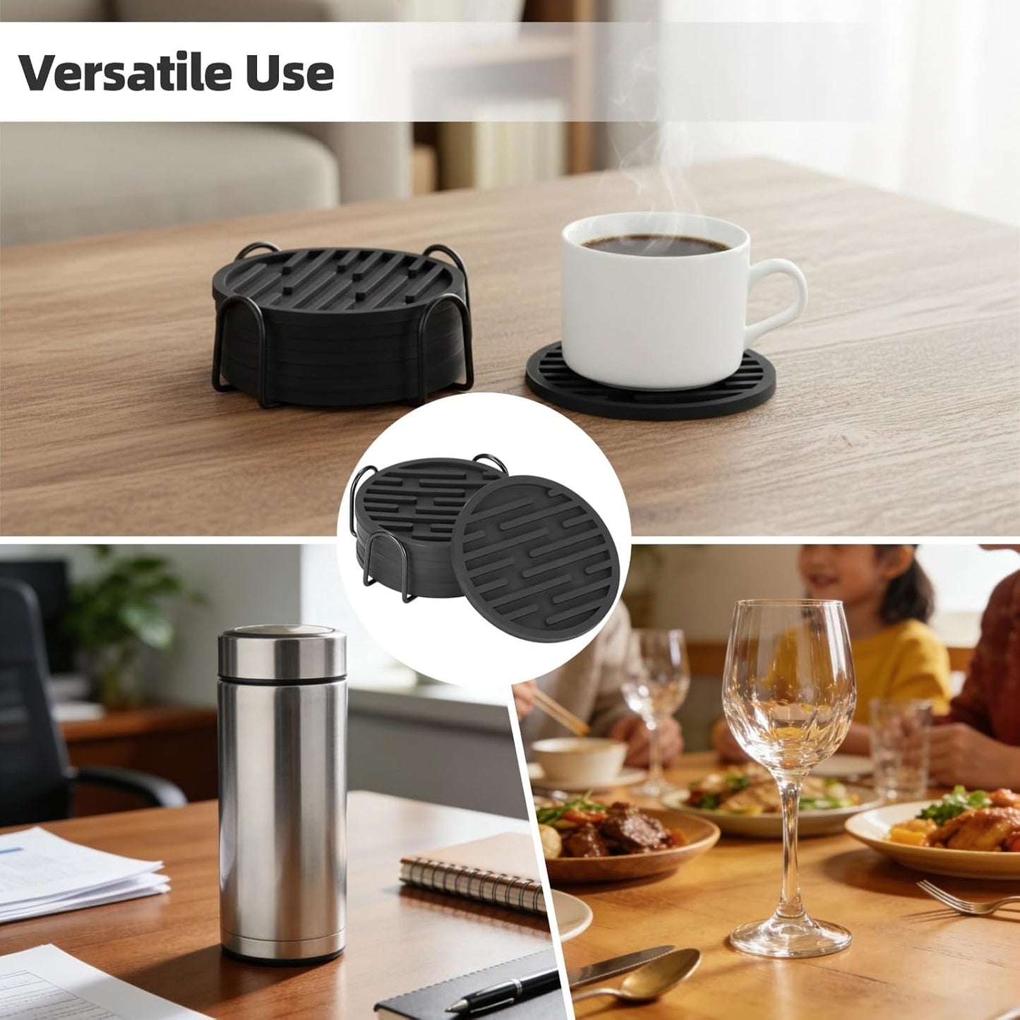 Storage Holder / in Round Modern Groove Pattern Drink Mats / Black / 3.9 Inch / Set of 8