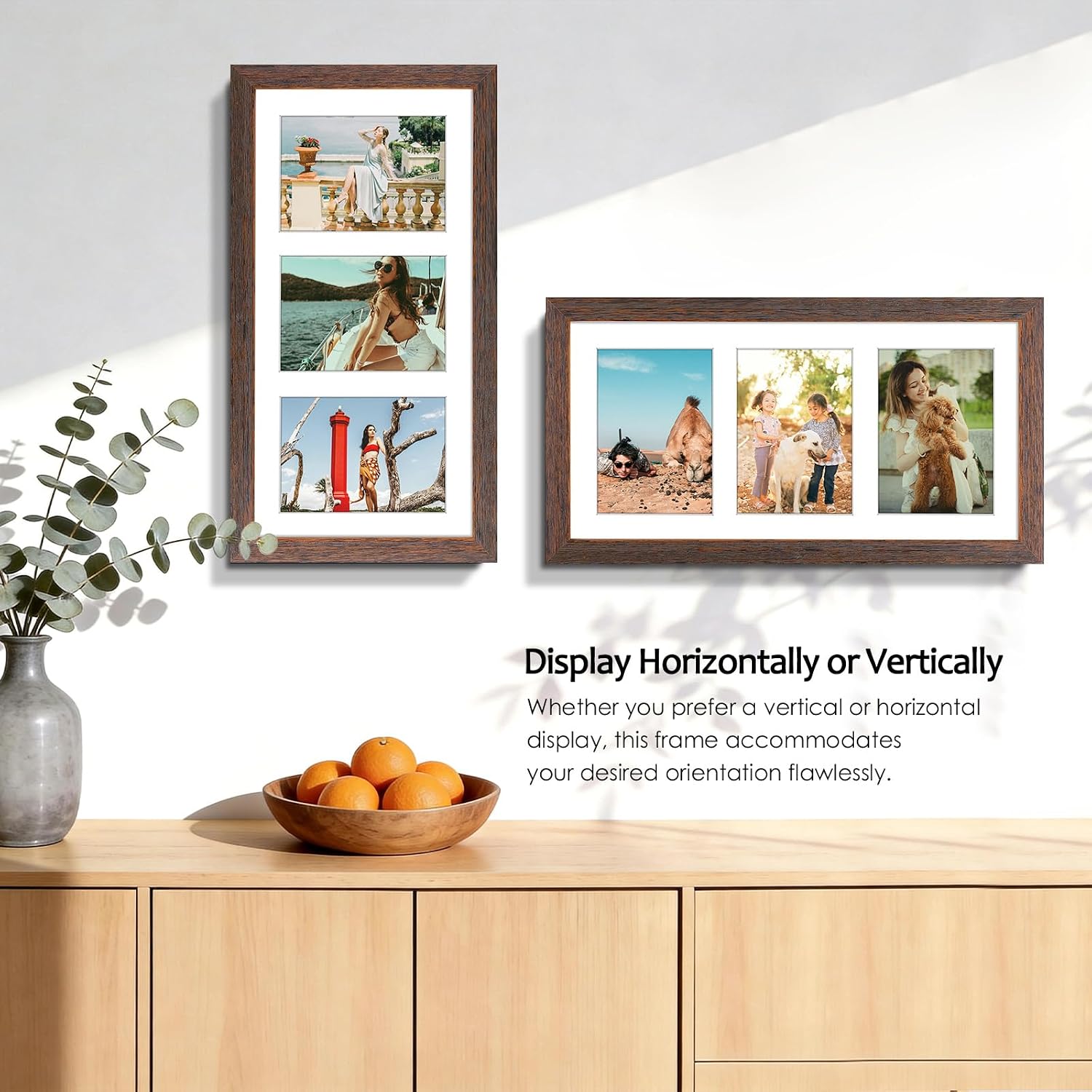 Golden State Art 9x18 Distressed Brown Wood Frame for Three 5x7 Pictures | 1 Pack,Matted to 3 5x7 Picture,Solid Wood