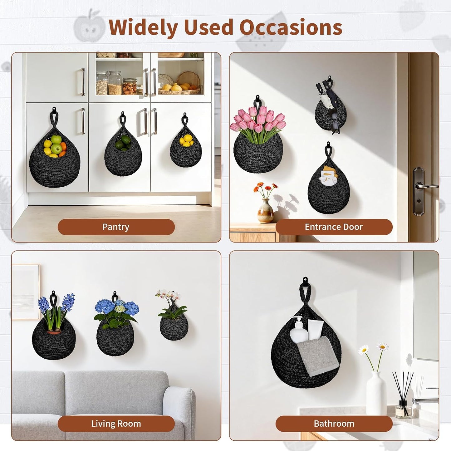 Boho Decor Hanging Fruit Baskets / Black / Cotton Rope-a / Set of 3