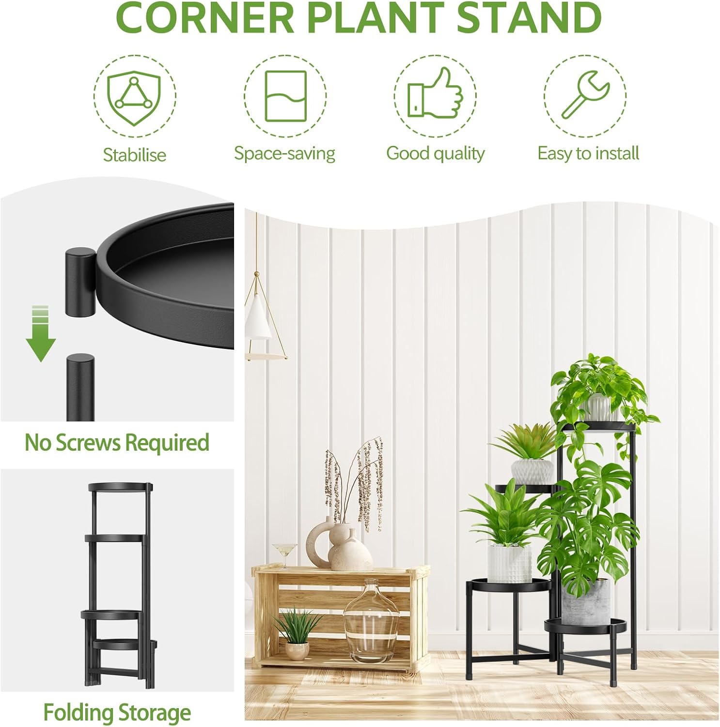 iDavosic.ly 4 Tier Large Plant Stand Indoor Outdoor, 10 In Wide Tray, Black | Tiered Metal Corner Heavy Duty Multiple