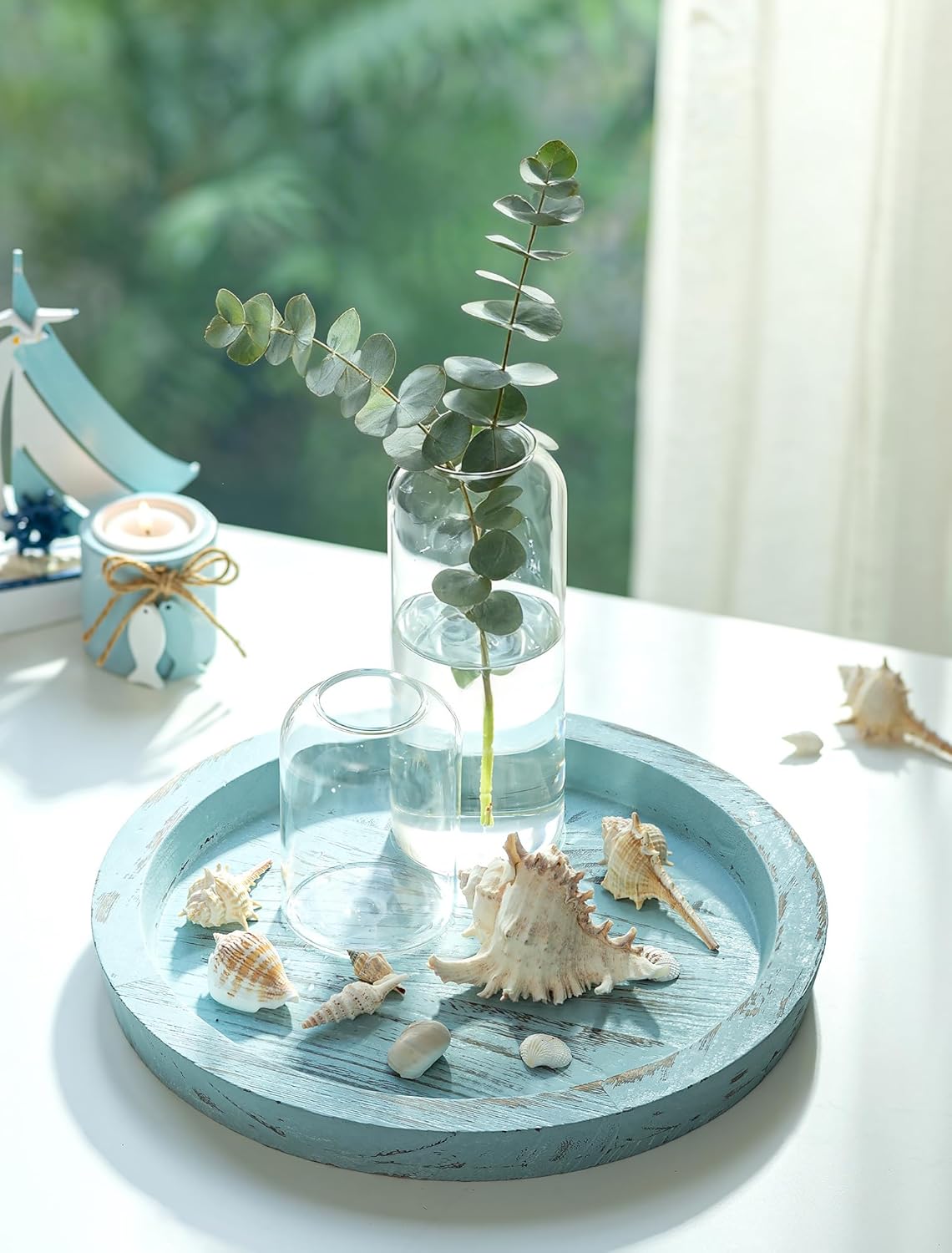 Round Wood Decorative Candle Plate / Ocean Blue