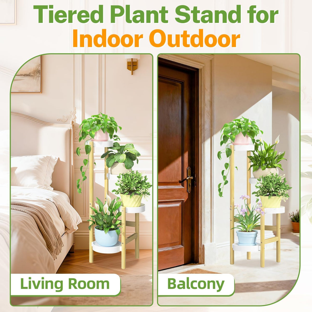 iDavosic.ly 4 Tier Bamboo Plant Stand Indoor Outdoor, Plastic Tray, White | Tiered Corner Flower Holder Shelf, Space