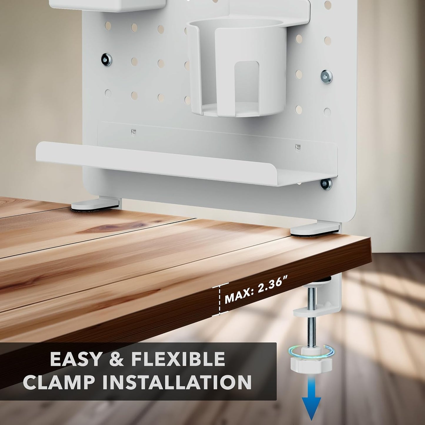 Mount-It! Clamp-On Desk Pegboard Organizer, White | Adaptable desk storage with shelf, cup holder & hooks for home