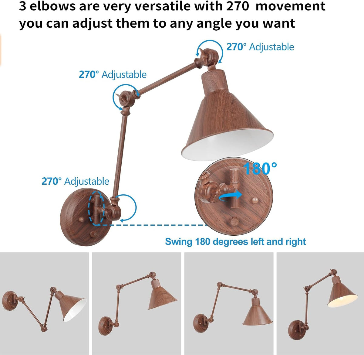 TRLIFE Plug in Wall Sconces, Dimmable Wall Sconces Set of 2 Plug in Swing Arm Wall Lights, Adjustable Wall Mounted