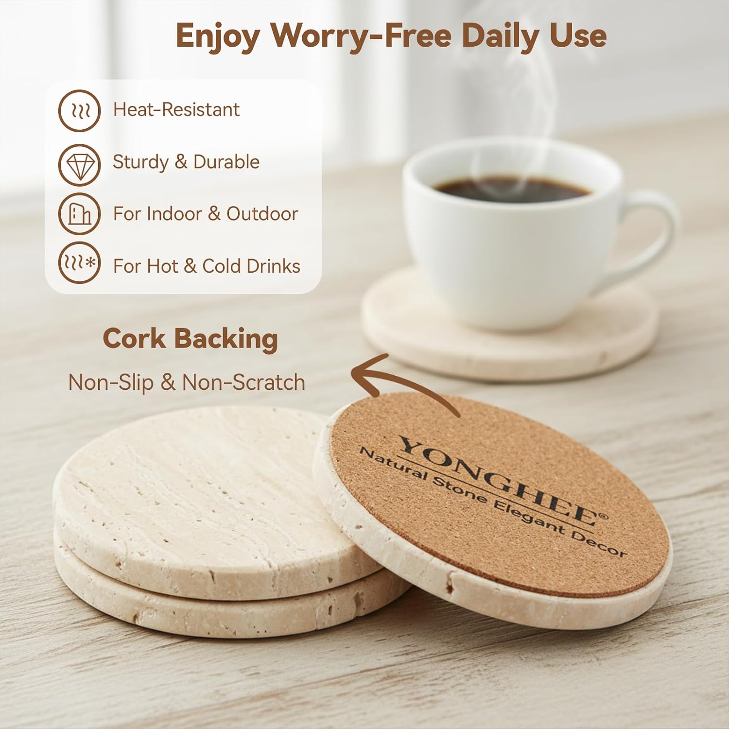 Holder / Elegant Rustic Farmhouse Coasters for Drinks / 5th Style - with Holder / Beige / Set of 4