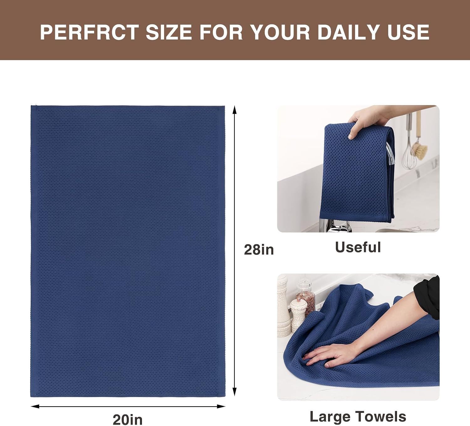 Homaxy 100% Cotton Oversized Waffle Weave Kitchen Towels 4-Pack, Navy Blue | 20 x 28 Inches, Ultra Soft Absorbent Dish