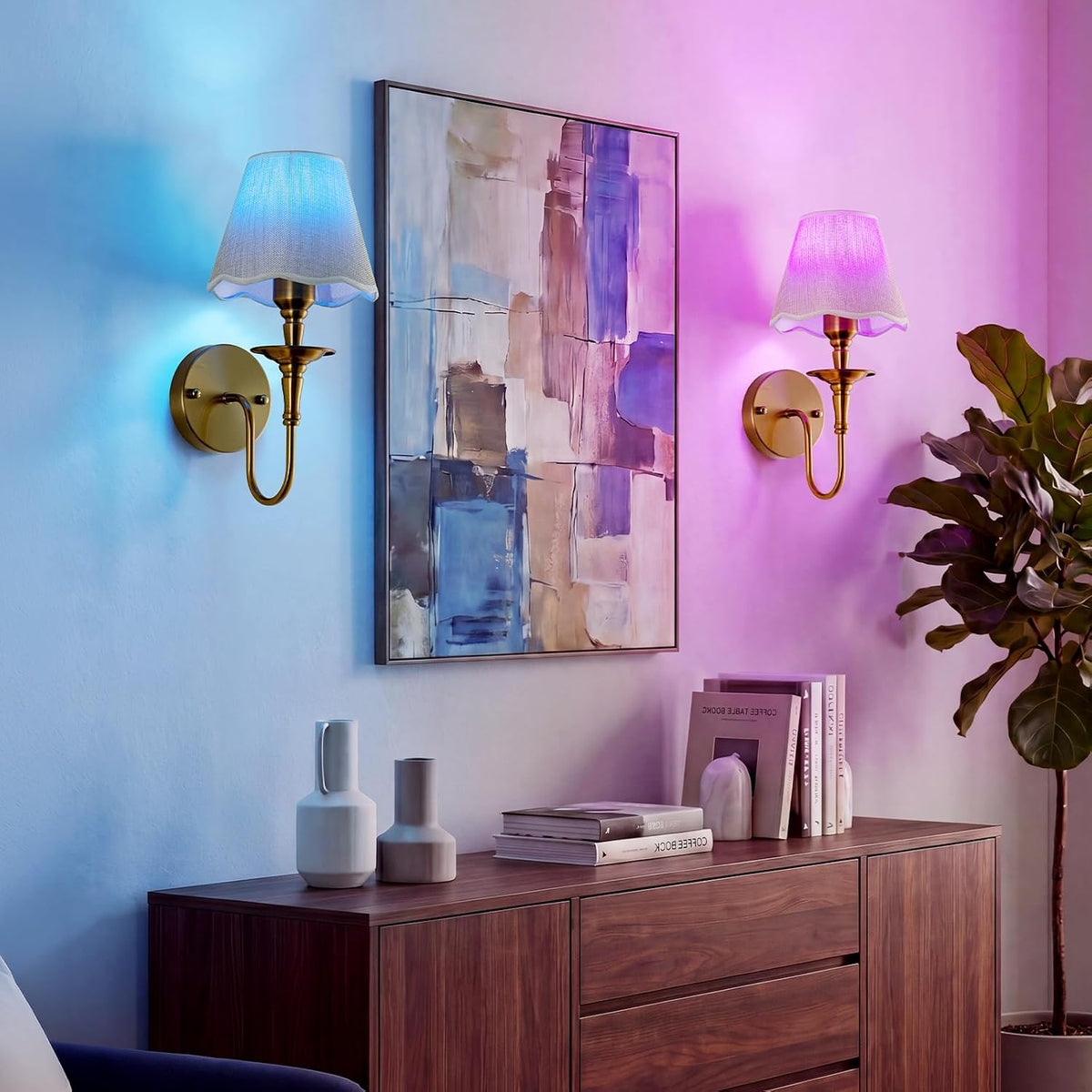 Battery Operated Wall Sconces Set of 2, Rattan Wall Sconce with RGB Rechargeable Dimmable Bulbs, Brass-Color Wireless