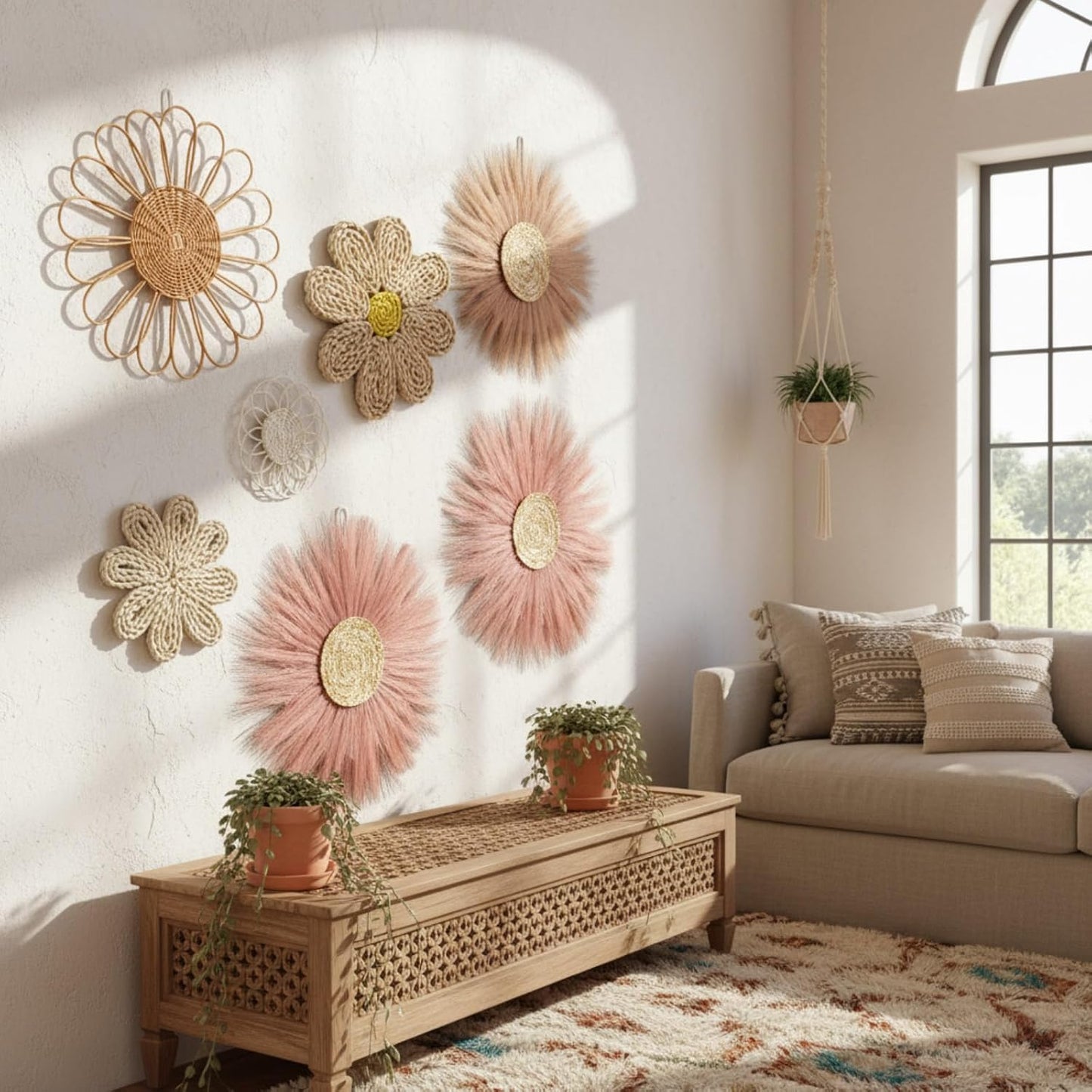 Boho Wall Basket Decor Rattan Flower Wall Decor Nursery Daisy Flower Woven / Dark Pink / Set of 7