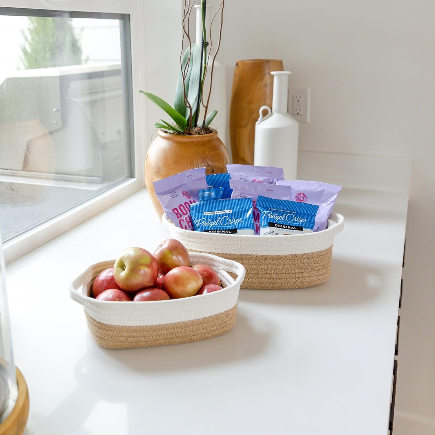 5-Piece Rectangle Storage Basket Set- Natural Cotton Rope Woven Baskets / Off White & Jute
