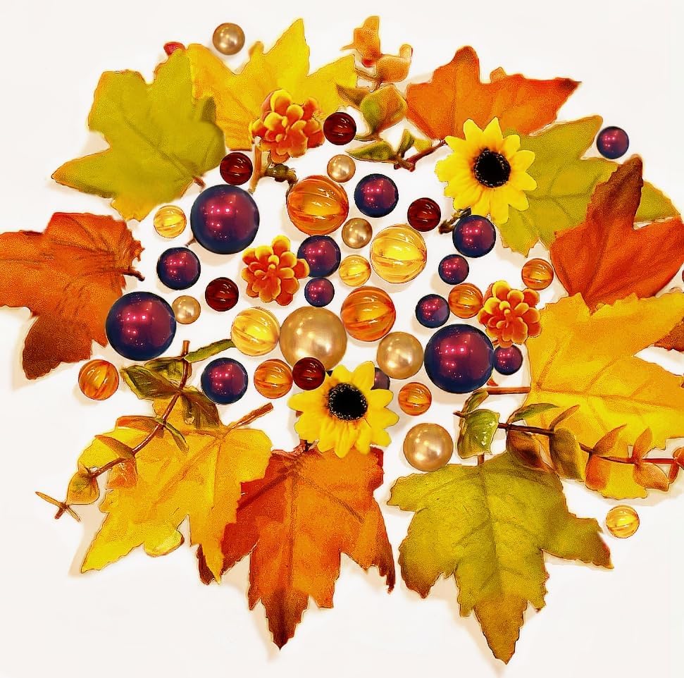 50 Floating Fall Leaves, Pumpkins, Sunflowers, and Pearls, Large Sizes