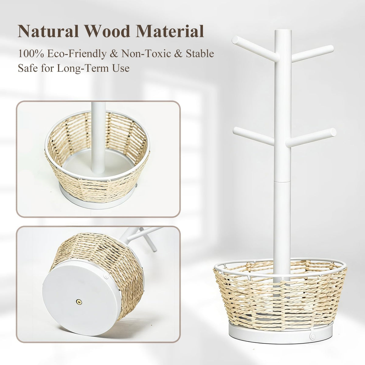 Wood Mug Holder Tree with Woven Basket, 4 Hooks Coffee Mug Holder, Countertop Mug Tree for Kitchen Counter Cabinet