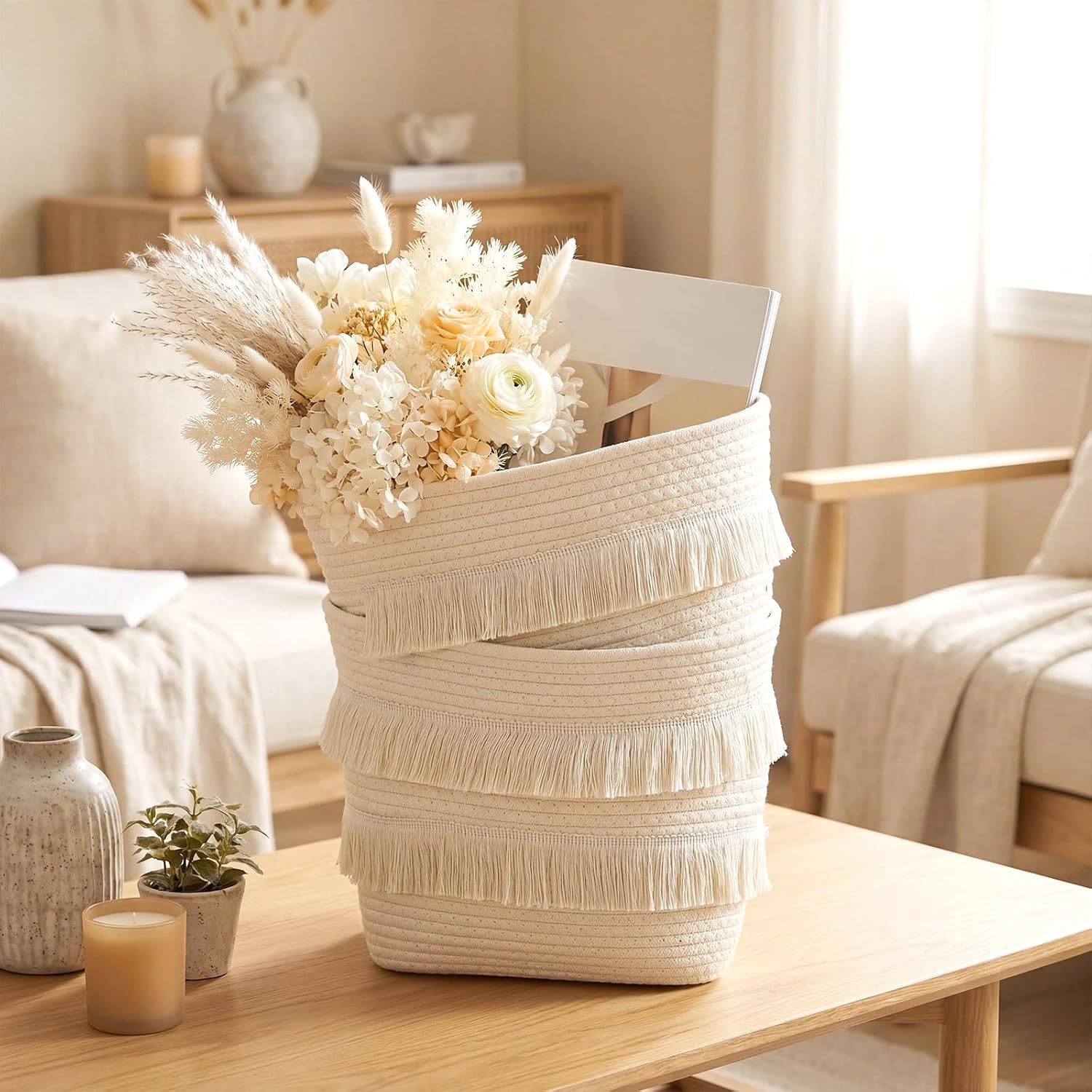3-tier Tassel Hanging Basket Organizer / Neutral Color / Boho