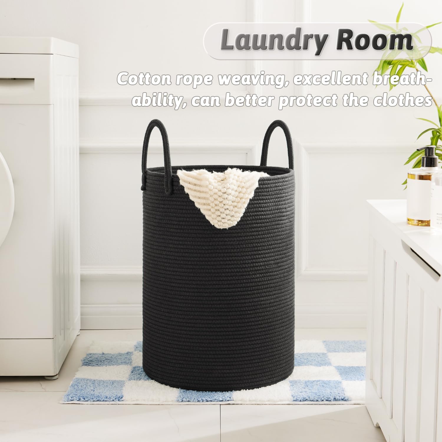 Laundry Basket / Woven Cotton Rope Laundry Hamper / Dark Black / 80L