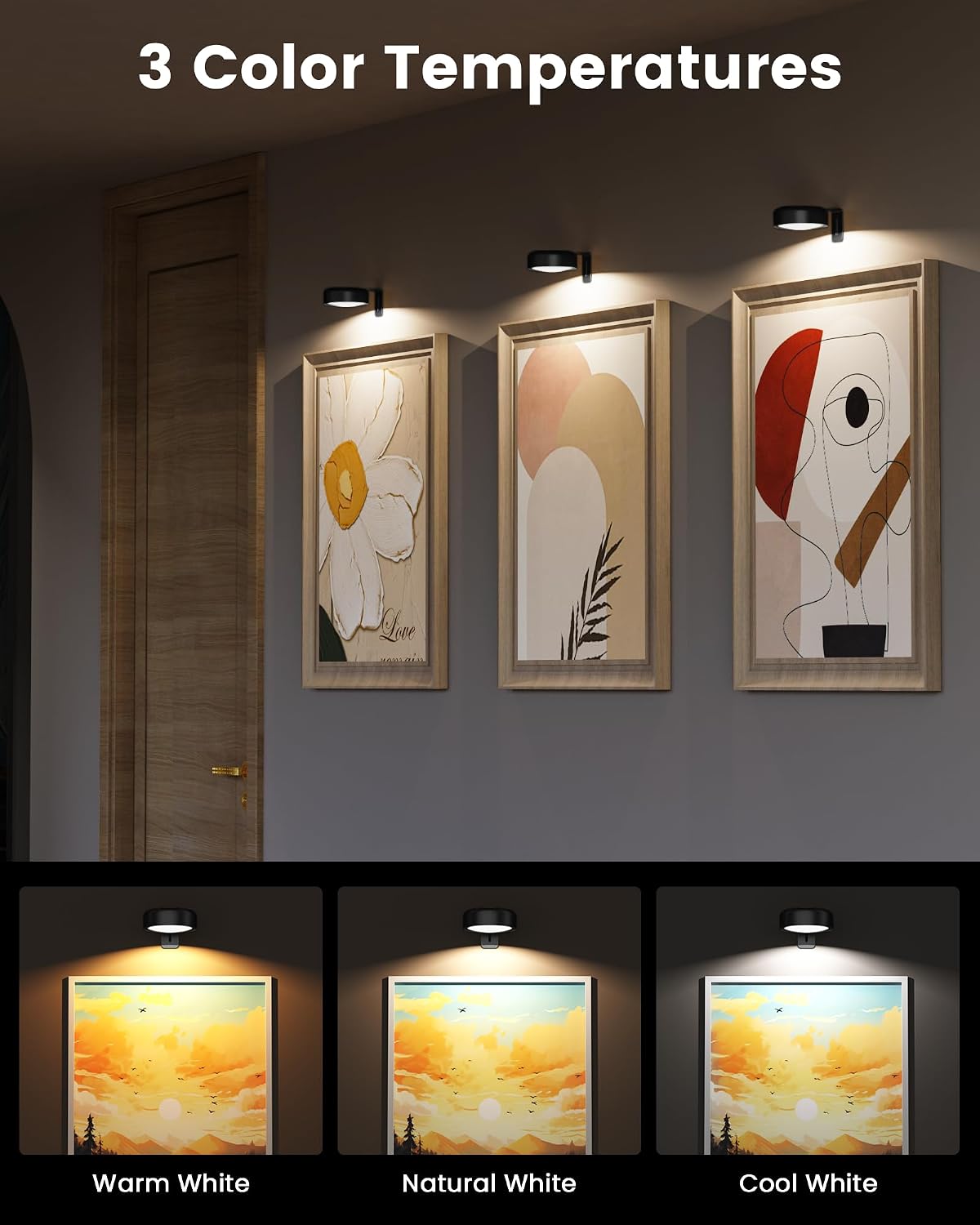 Picture Lights for Wall,Wireless 2000mAh Rechargeable Magnetic LED Puck Lights with Remote,3 Color Temps and 12
