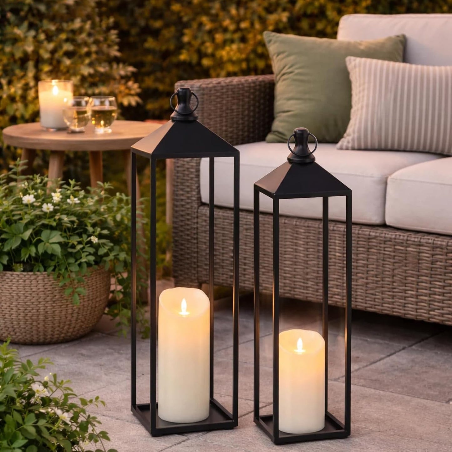 22'' 19'' Large Lanterns Decorative Outdoor Indoor, Set of 2 Candle Lantern | Black Metal Floor Lanterns Decorative for
