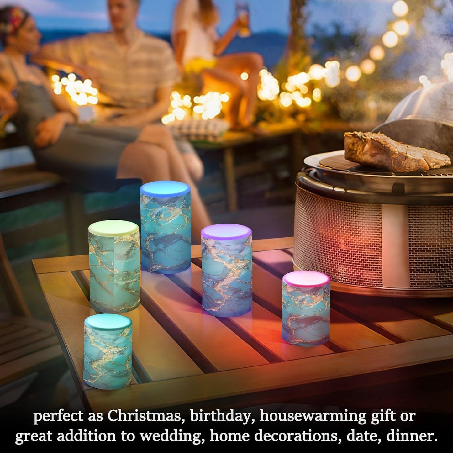 Flickering Flameless Candles, Turquoise Golden Marble LED Candles with Remote Timer, Set of 2 Battery Operated Candle