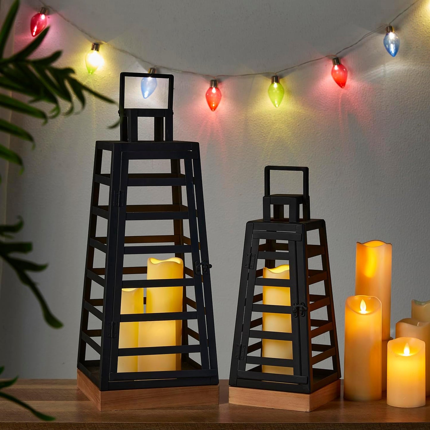 Glitzhome Set of 2 Modern Trapezoid Metal/Wood Hanging Lanterns, Decorative Candle Holder Lanterns for Outdoor & Indoor