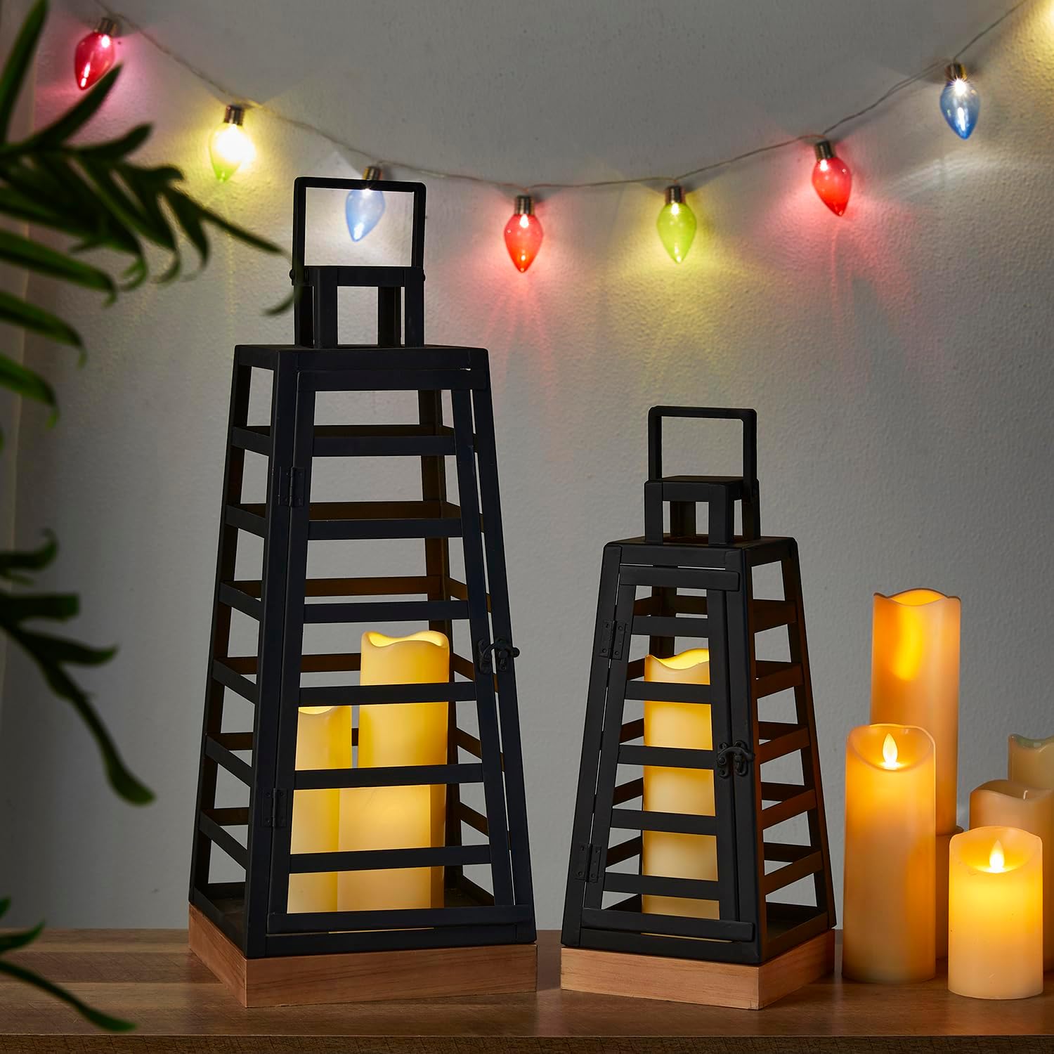 Glitzhome Set of 2 Modern Trapezoid Metal/Wood Hanging Lanterns, Decorative Candle Holder Lanterns for Outdoor & Indoor