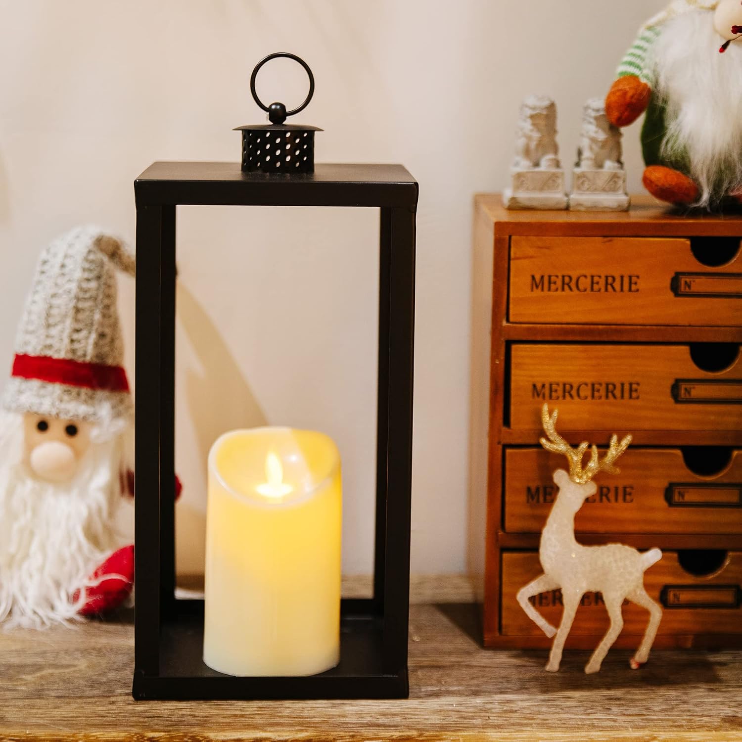 HPC Decor Black Metal Candle Lanterns Set of 2- Lanterns Decorative with Flickering Timer Candles- 16.5'' & 13'' Chunky