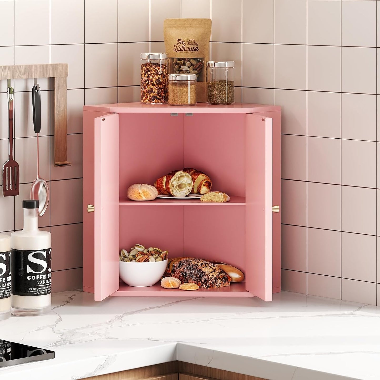 Trironsun Corner Bread Box for Kitchen Counter Double Layer Bamboo Bread Storage Container Large Capacity Bread Storage
