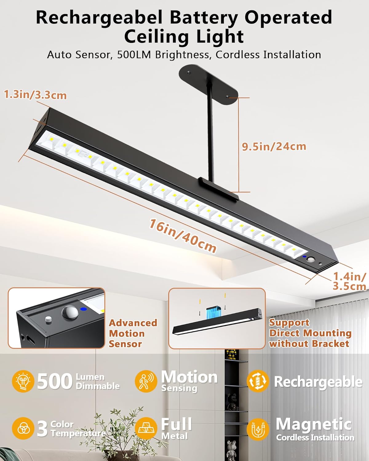 Rechargeable Motion Sensor Ceiling Light, Full Metal Pendant Lights, Battery Operated LED Closet Lights with Remote