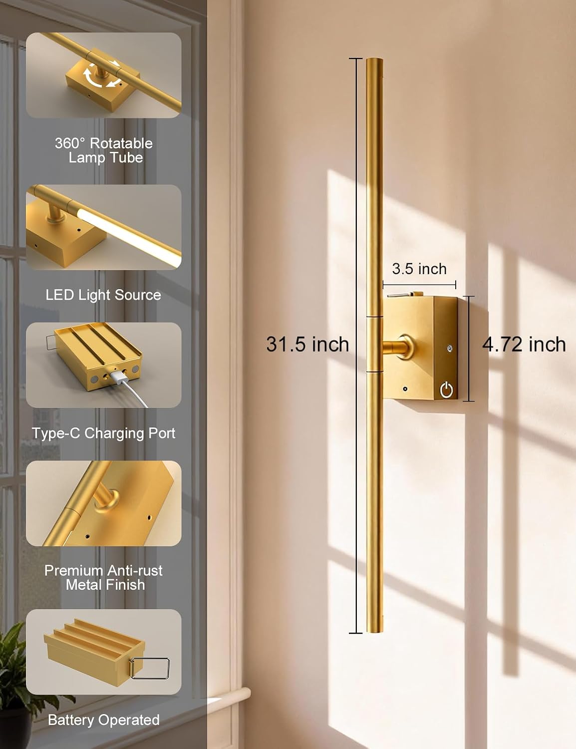 Battery Operated Wall Sconces Set of 2, Wireless Rechargeable Wall Lights | 10000mAh, Remote Control, 4CCT Dimmable