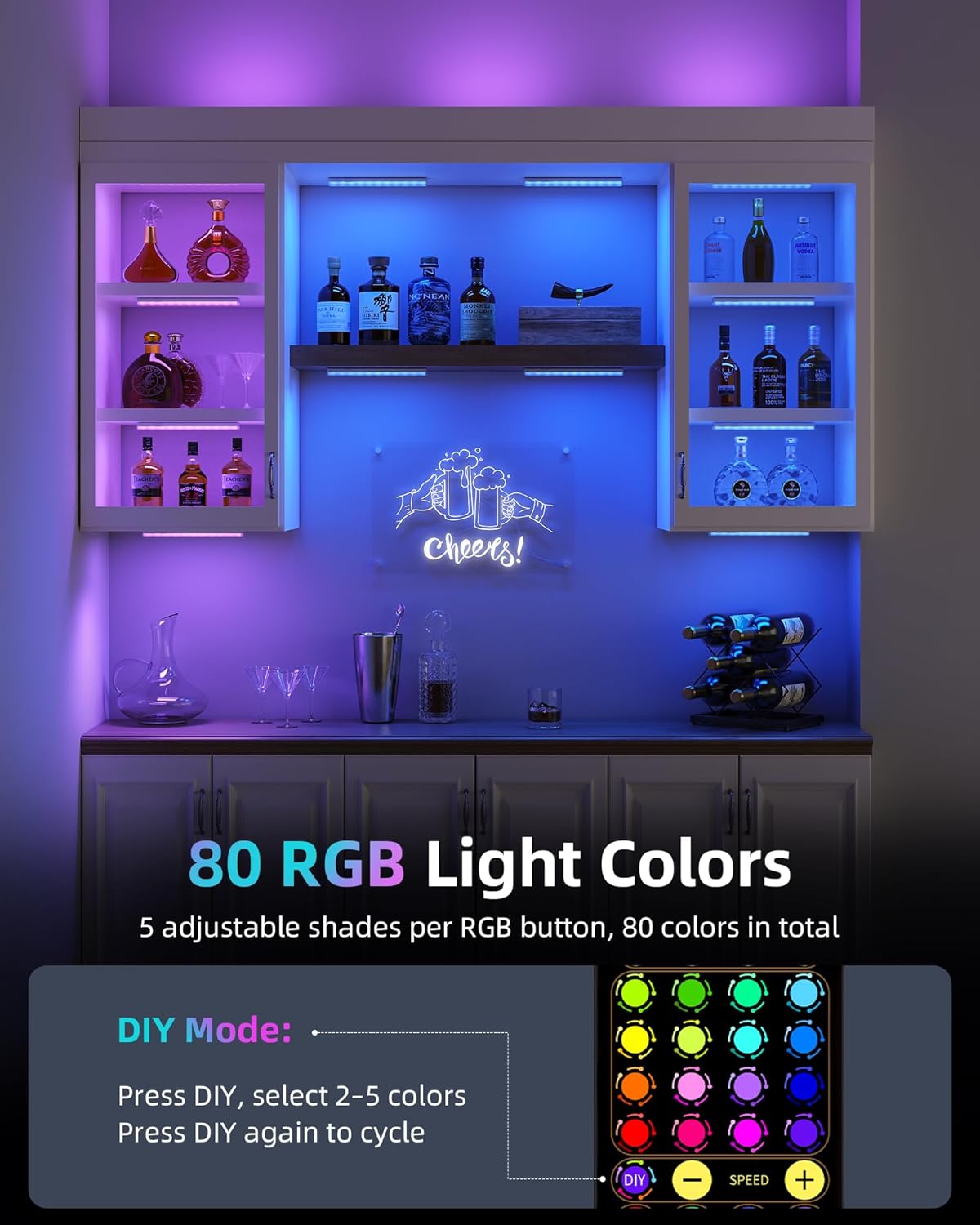 EZVALO 80RGB Under Cabinet Lighting, Shelf Lights, Led Light Bar | Rechargeable, Wireless, Battery Powered, Ambient